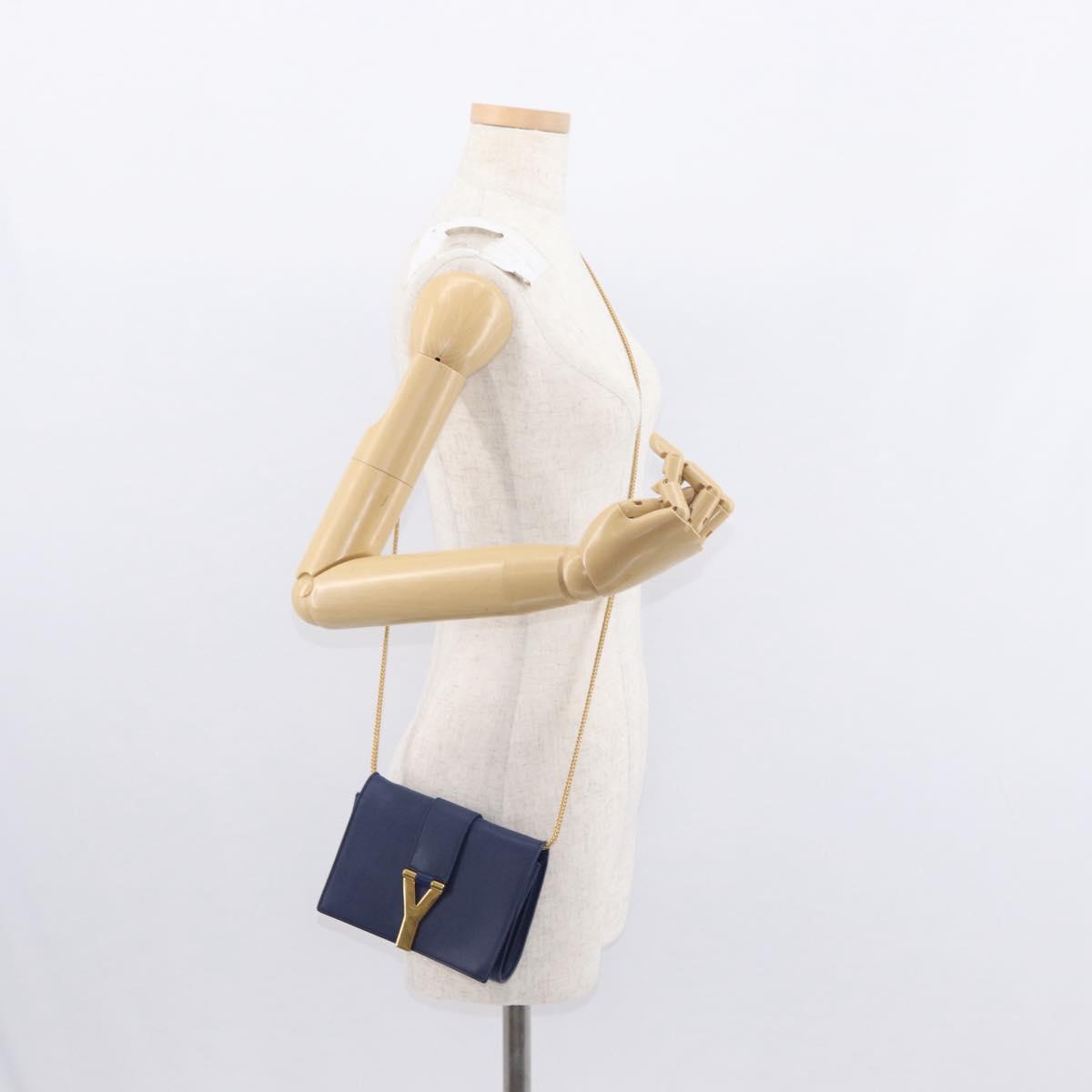 SAINT LAURENT Y Line Chain Satchel Small Bag Leather Blue Gold Auth BA8058