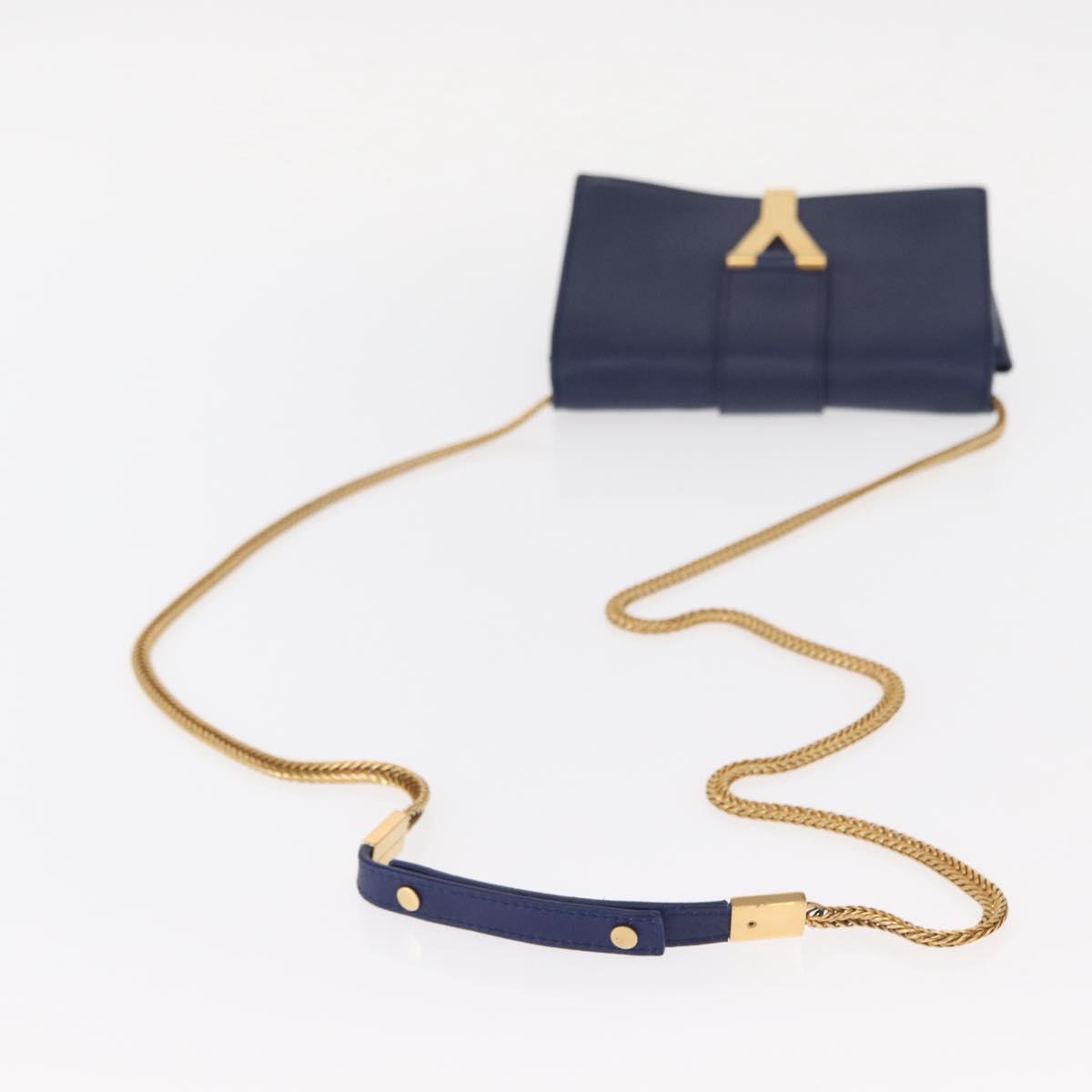 SAINT LAURENT Y Line Chain Satchel Small Bag Leather Blue Gold Auth BA8058