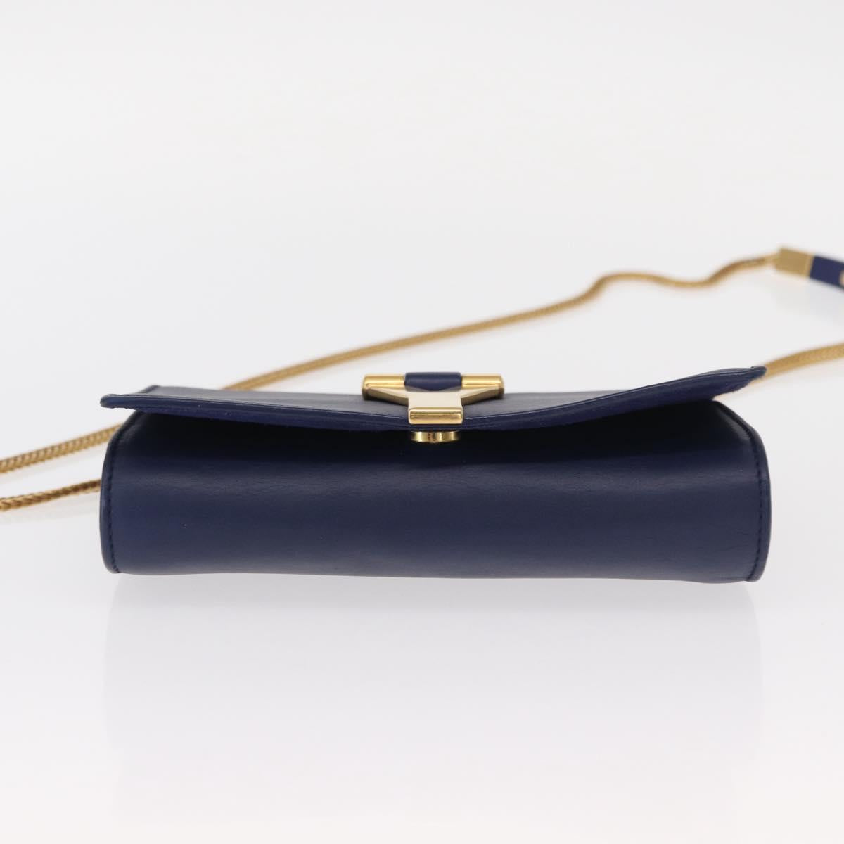 SAINT LAURENT Y Line Chain Satchel Small Bag Leather Blue Gold Auth BA8058