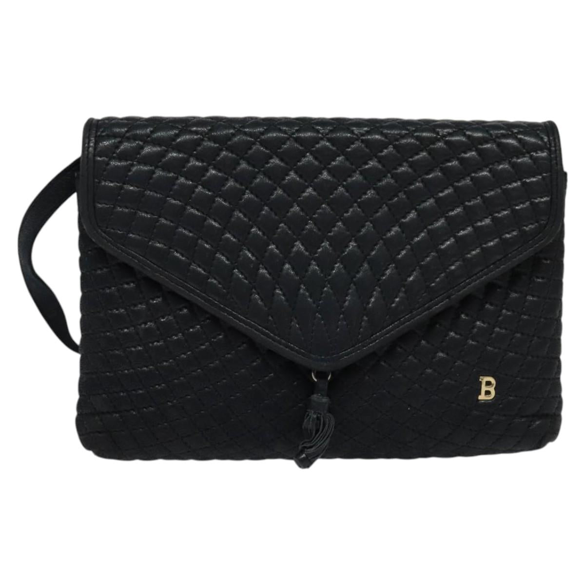 BALLY Quilted Shoulder Bag Leather Black Gold Auth BA806