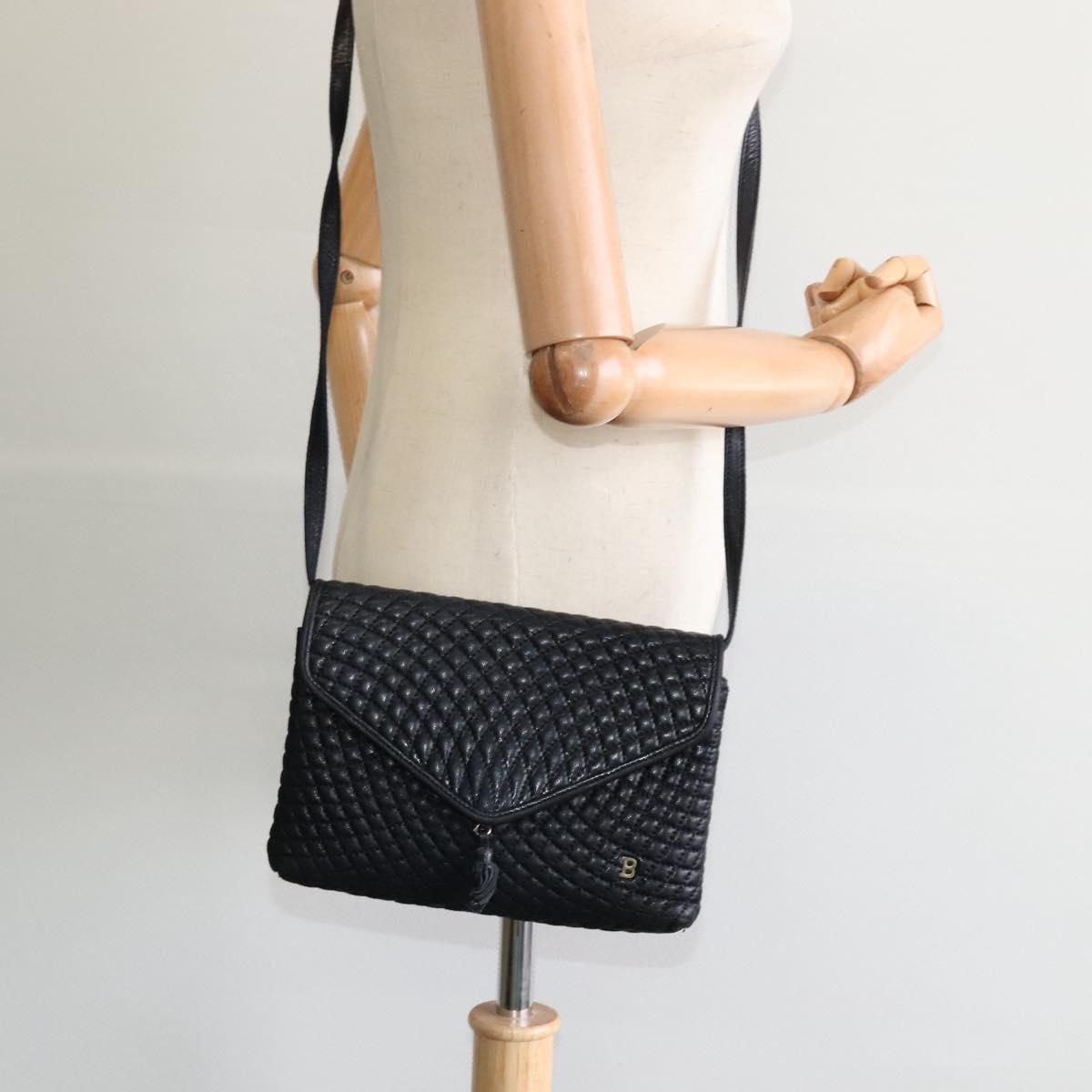 BALLY Quilted Shoulder Bag Leather Black Gold Auth BA806