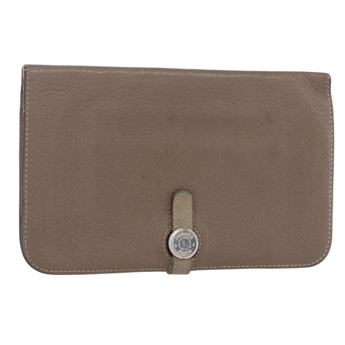 HERMES Dogon Duo GM Wallet Leather Gray Auth BA8060