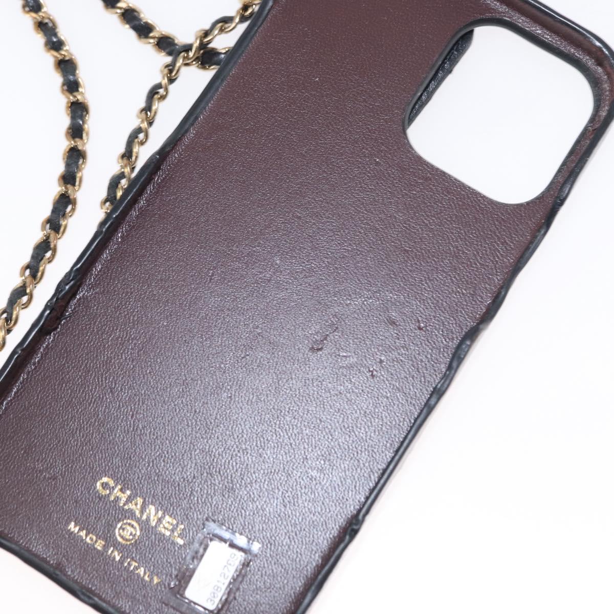 CHANEL Matelasse Chain iPhone 13 Pro Max Case Lamb Skin Black CC Auth BA8062