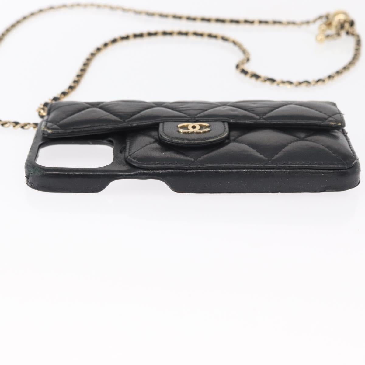 CHANEL Matelasse Chain iPhone 13 Pro Max Case Lamb Skin Black CC Auth BA8062