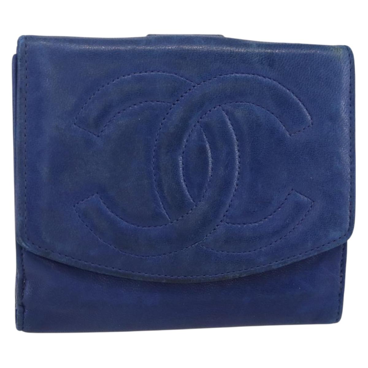 CHANEL Bifold Wallet Lamb Skin Blue CC Auth BA8063