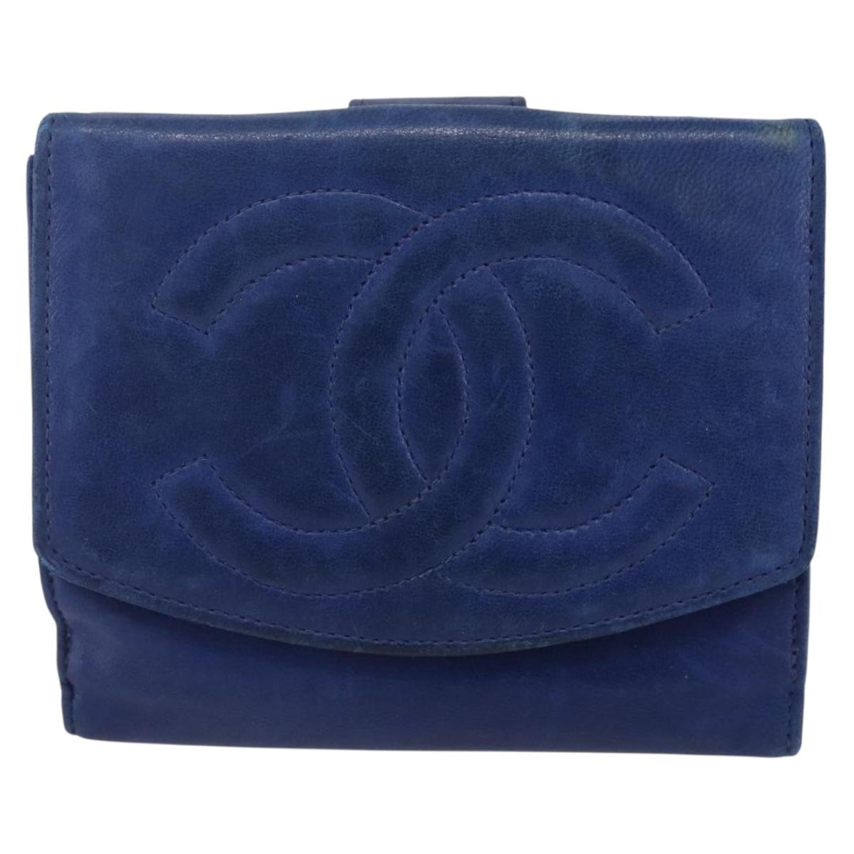 CHANEL Bifold Wallet Lamb Skin Blue CC Auth BA8063