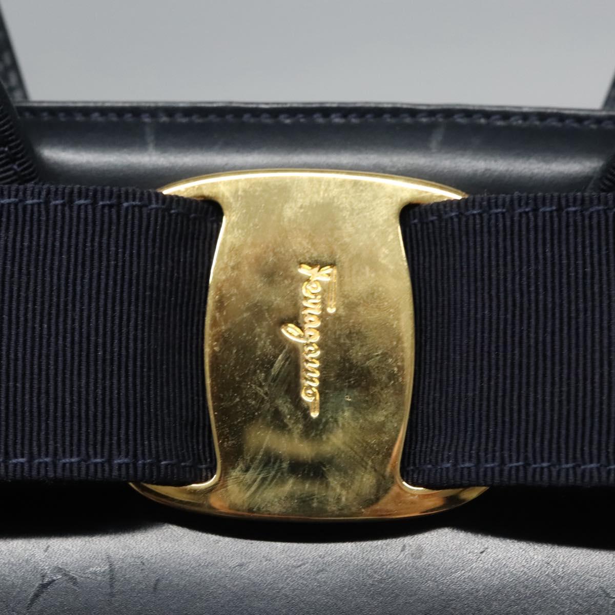 Salvatore Ferragamo Vala Hand Bag Leather 2way Navy Gold Auth BA817