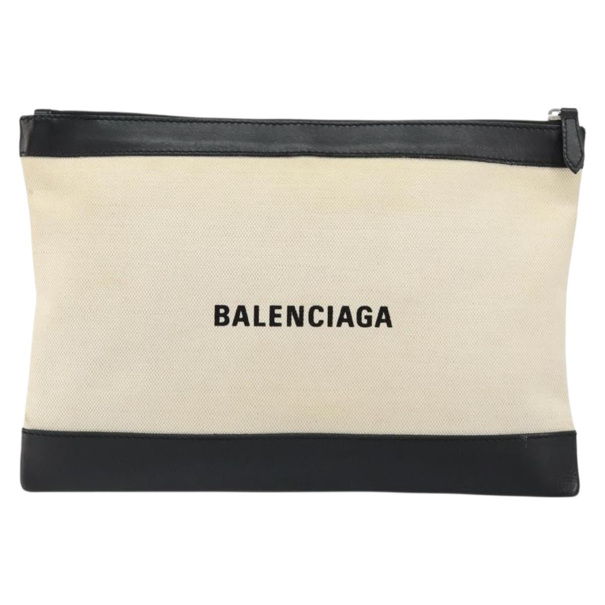 BALENCIAGA Clip M Bag Canvas Leather Beige Black Silver 373834 Auth BA8170