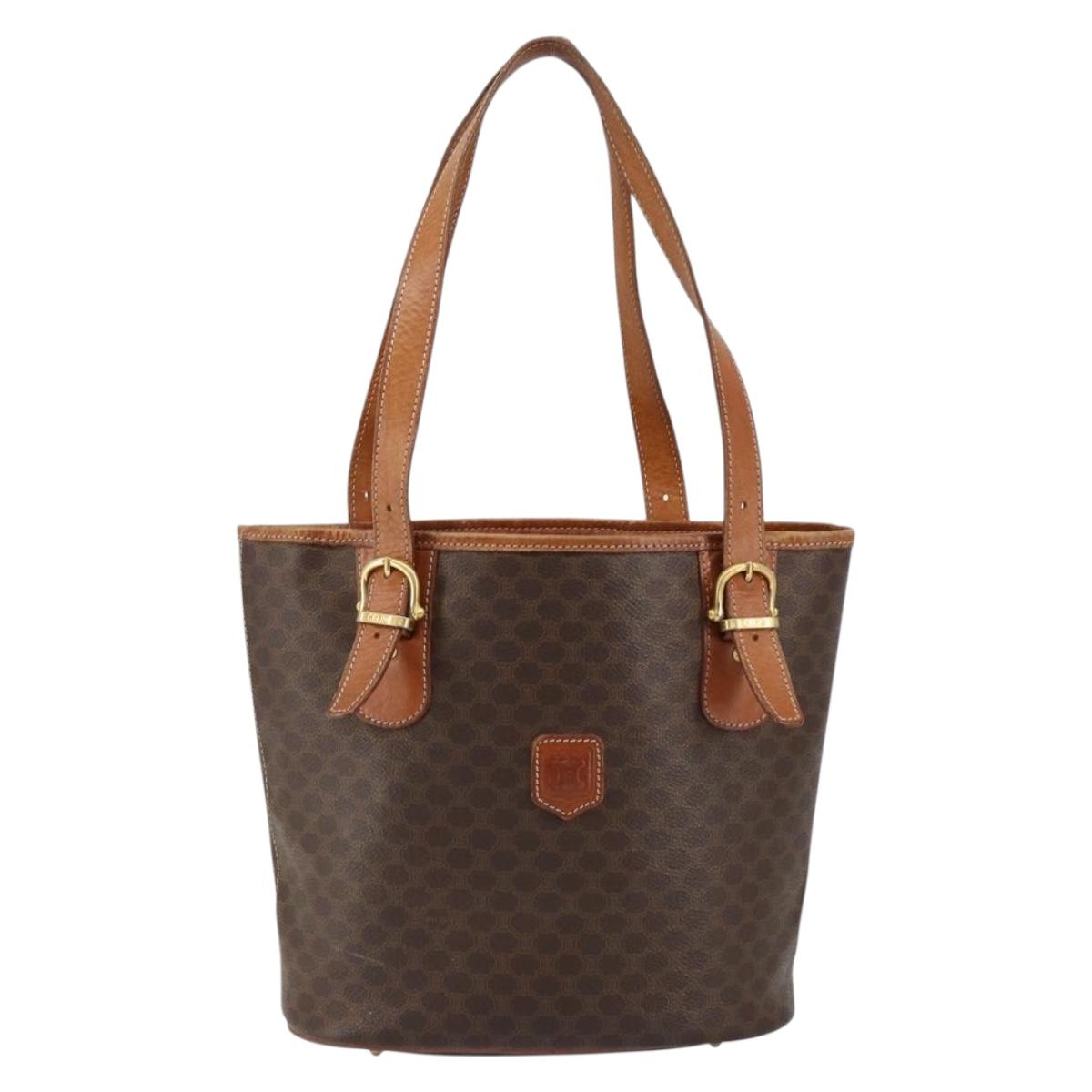 CELINE Macadam Canvas Tote Bag PVC Leather Brown Gold Auth BA8172