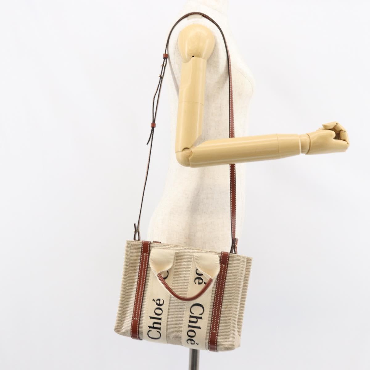 Chloe Woody Hand Bag Canvas Leather 2way Beige Gold Auth BA8173