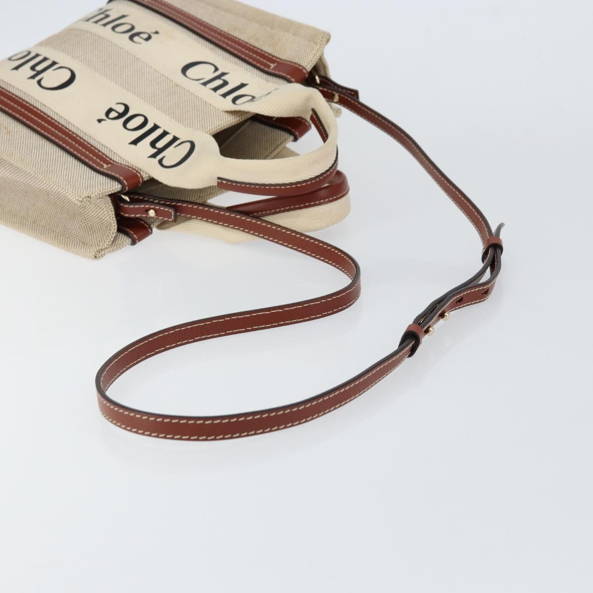 Chloe Woody Hand Bag Canvas Leather 2way Beige Gold Auth BA8173