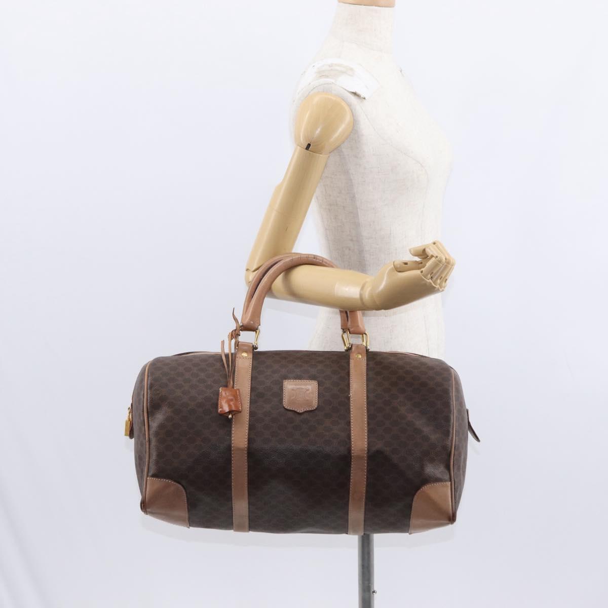 CELINE Macadam Canvas Boston Bag PVC Brown Gold Auth BA8179