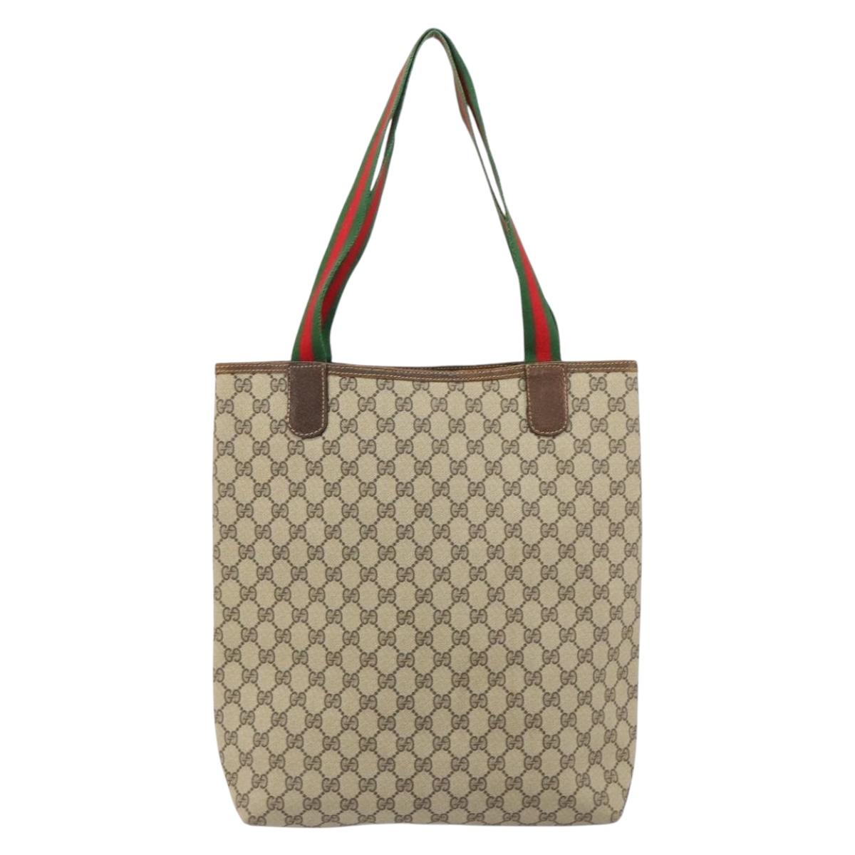 GUCCI GG Supreme Web Sherry Line Tote Bag PVC Beige Auth BA8180