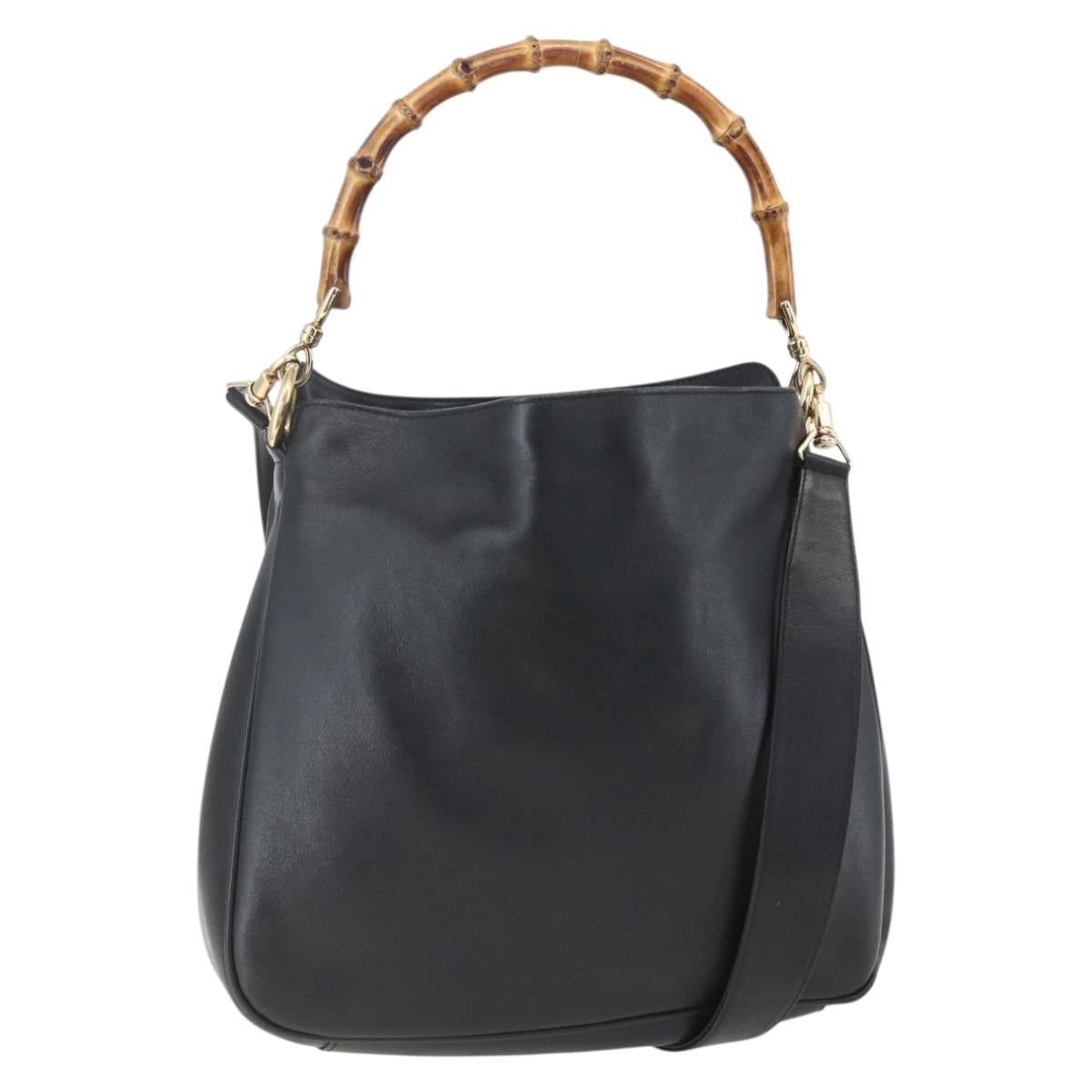 GUCCI Bamboo Hand Bag Leather 2way Black Gold 001 1998 1638 Auth BA8194