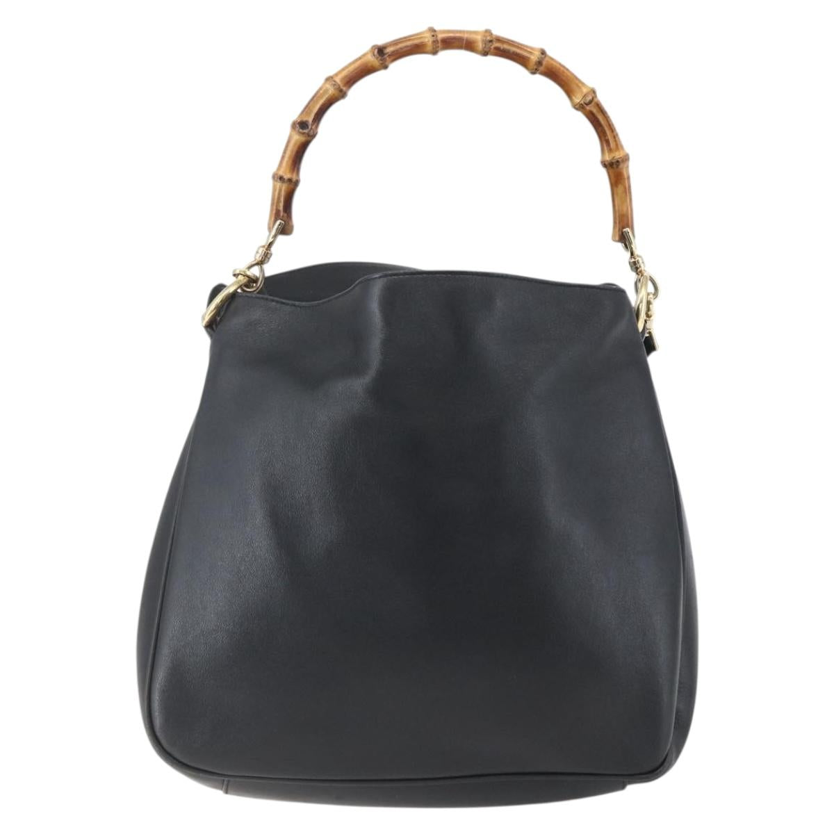 GUCCI Bamboo Hand Bag Leather 2way Black Gold 001 1998 1638 Auth BA8194