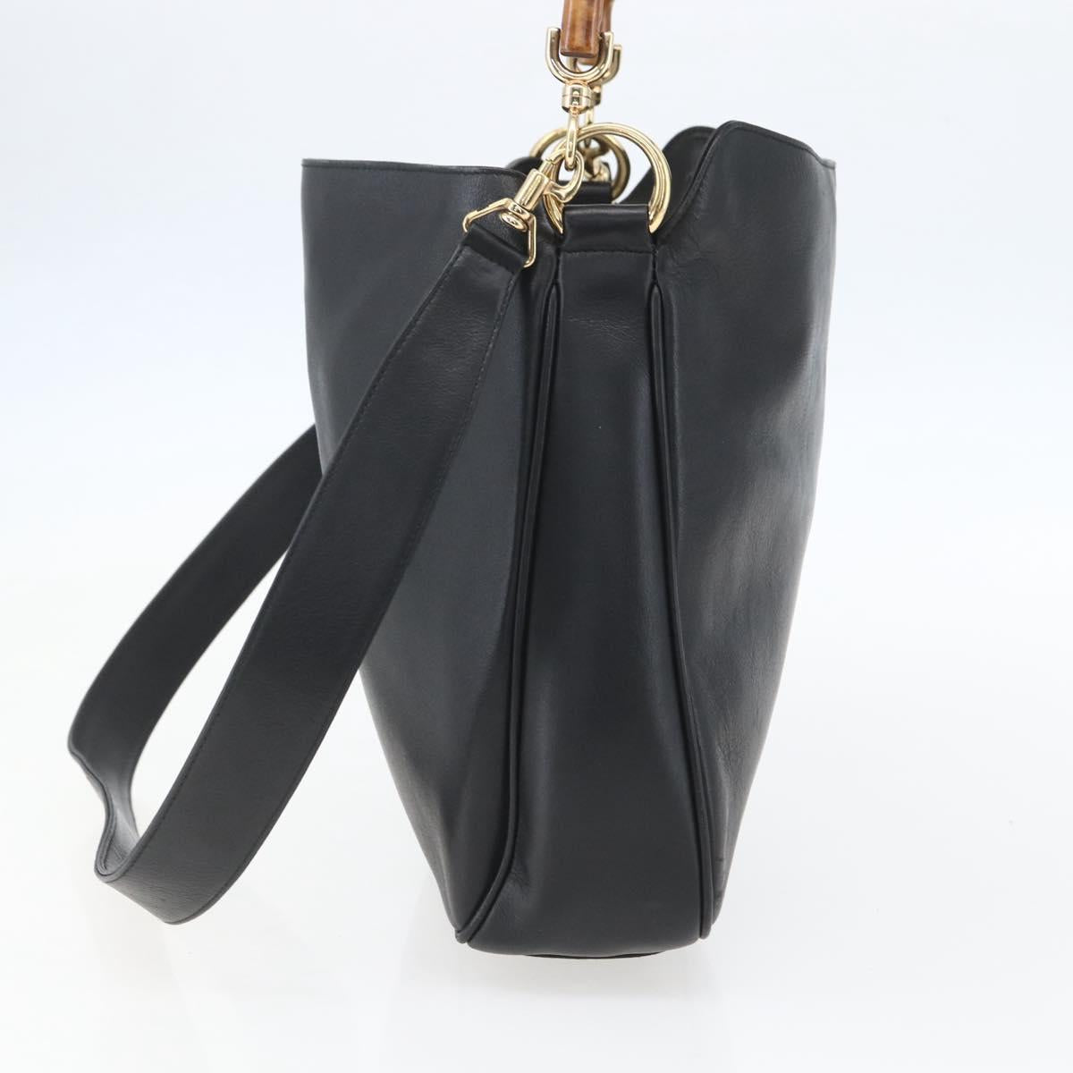 GUCCI Bamboo Hand Bag Leather 2way Black Gold 001 1998 1638 Auth BA8194