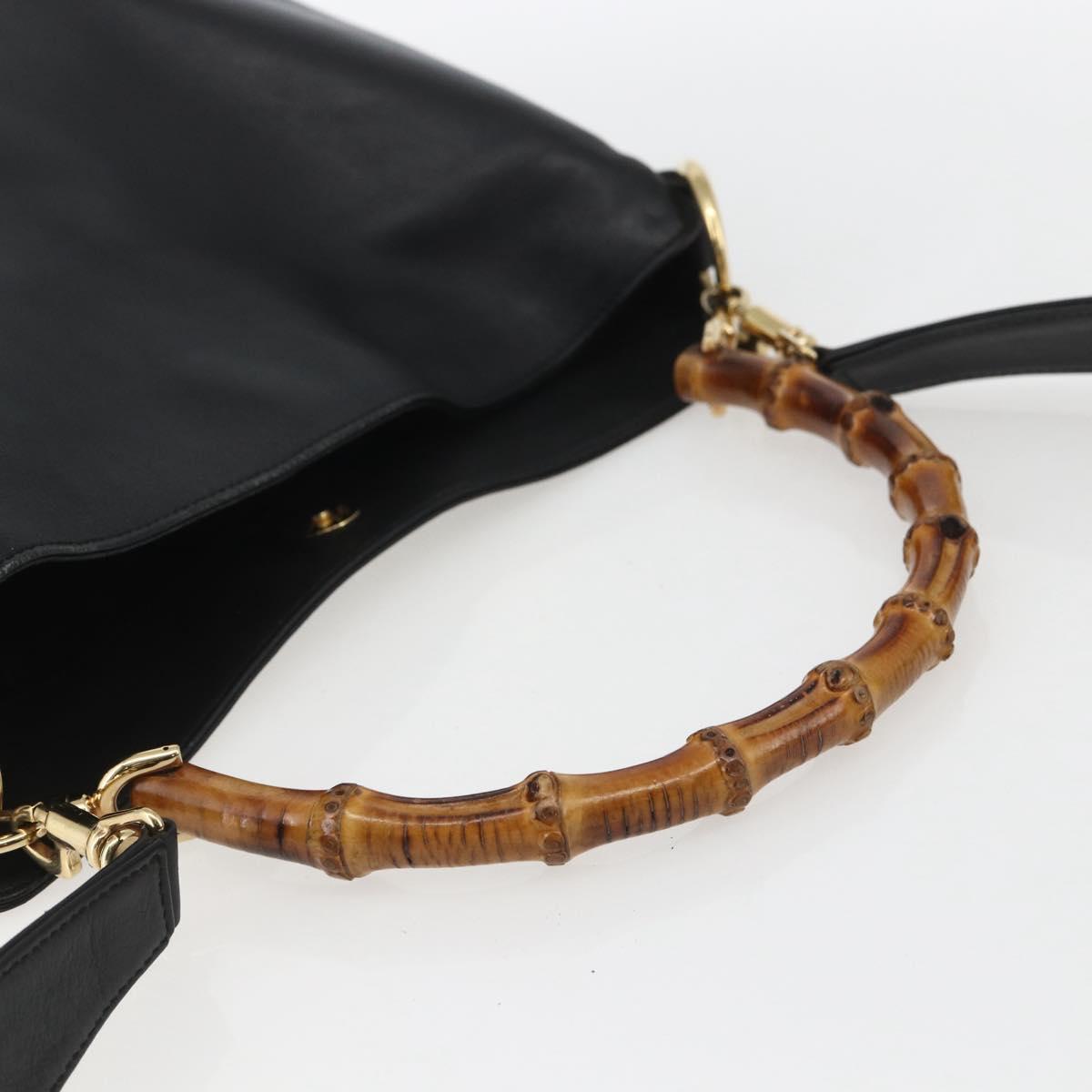 GUCCI Bamboo Hand Bag Leather 2way Black Gold 001 1998 1638 Auth BA8194