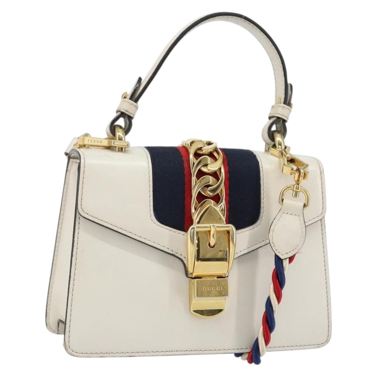 GUCCI Sherry Line Hand Bag Leather 2way White Gold Navy 470270 Auth BA8197