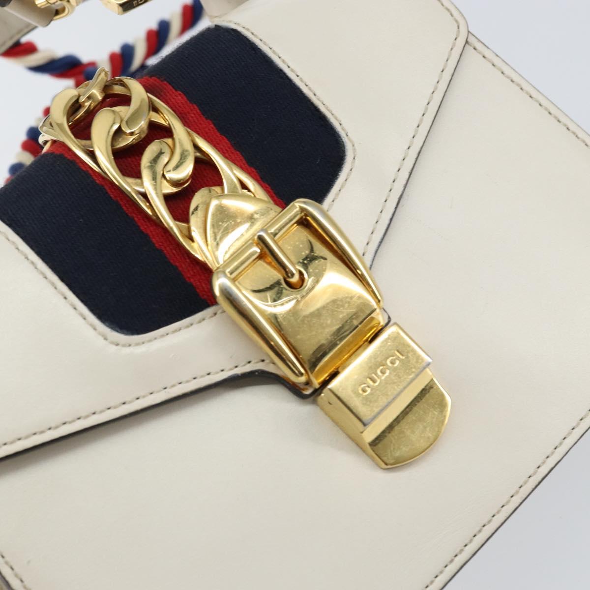 GUCCI Sherry Line Hand Bag Leather 2way White Gold Navy 470270 Auth BA8197