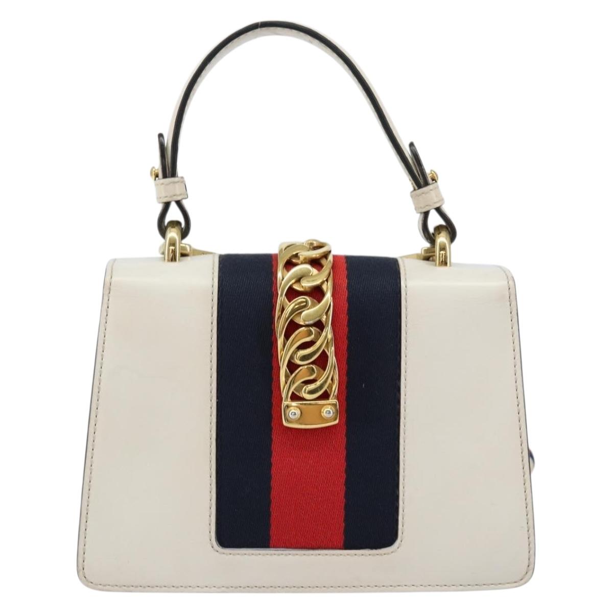 GUCCI Sherry Line Hand Bag Leather 2way White Gold Navy 470270 Auth BA8197