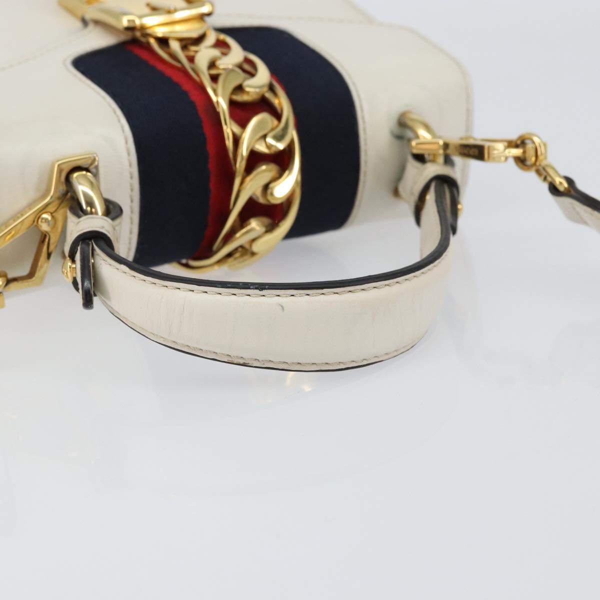 GUCCI Sherry Line Hand Bag Leather 2way White Gold Navy 470270 Auth BA8197