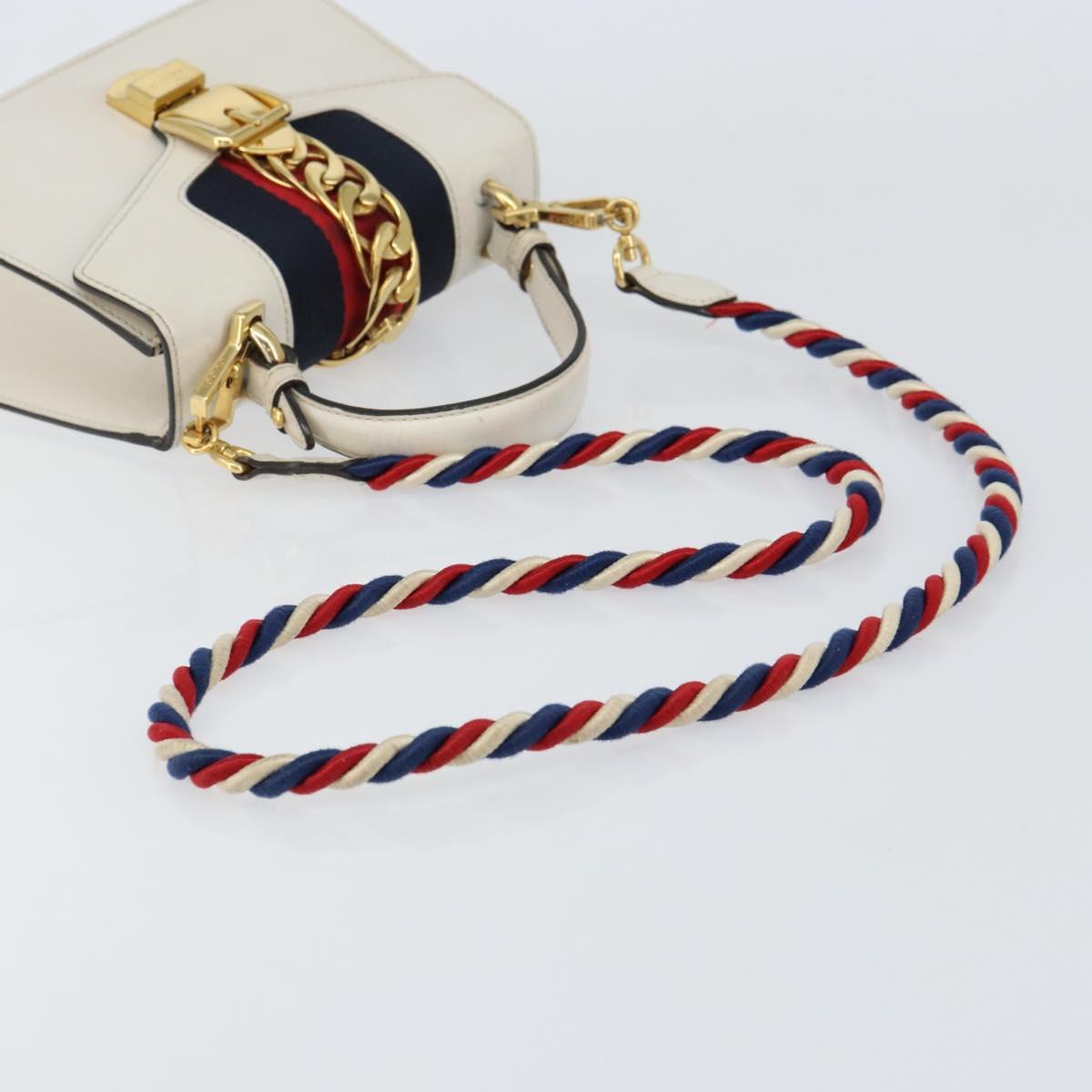 GUCCI Sherry Line Hand Bag Leather 2way White Gold Navy 470270 Auth BA8197