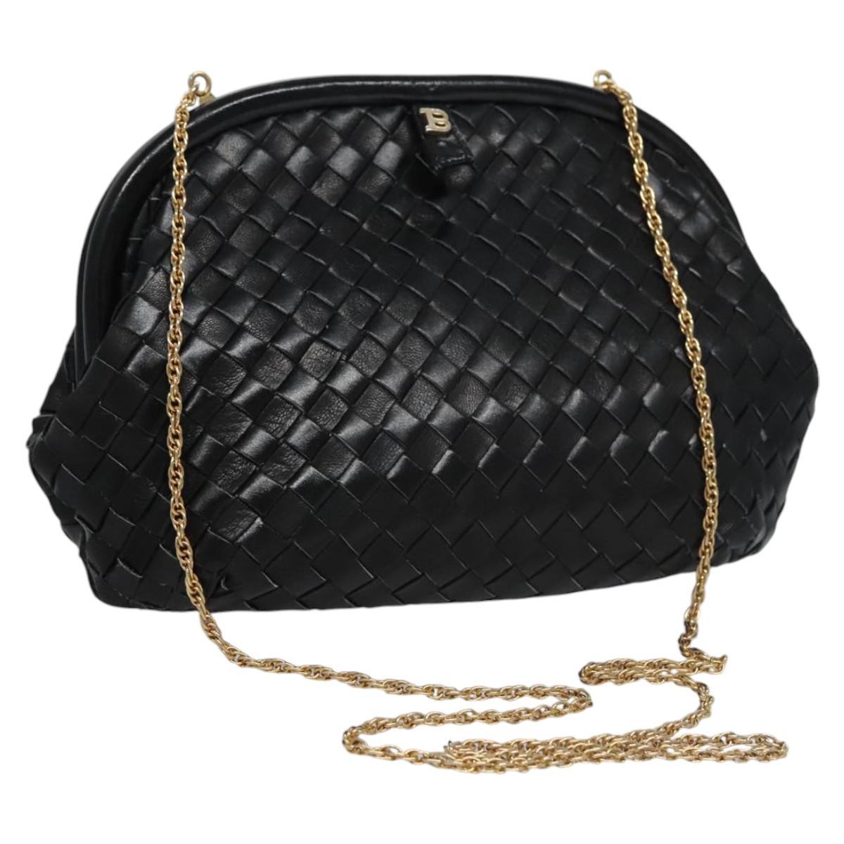 BALLY Chain Shoulder Bag Leather Black Auth BA820