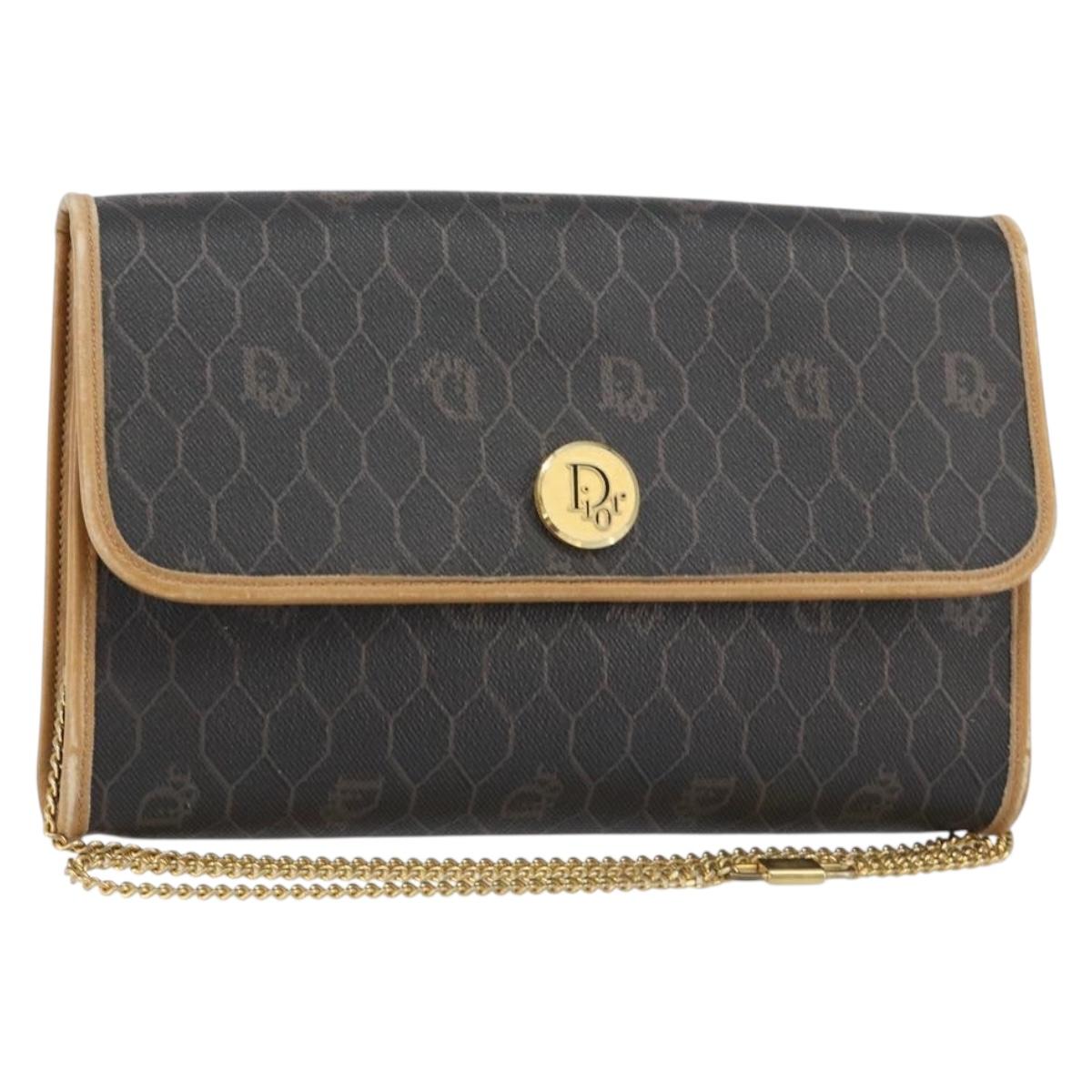 Christian Dior Honeycomb Canvas Chain Shoulder Bag PVC Black Gold Auth BA8201