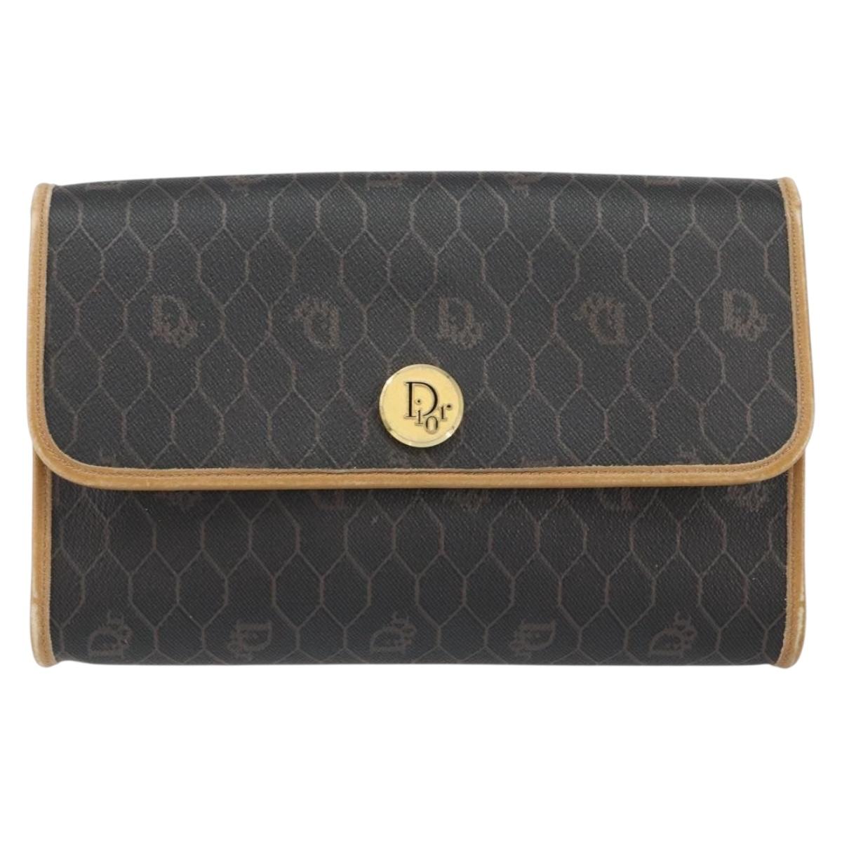 Christian Dior Honeycomb Canvas Chain Shoulder Bag PVC Black Gold Auth BA8201