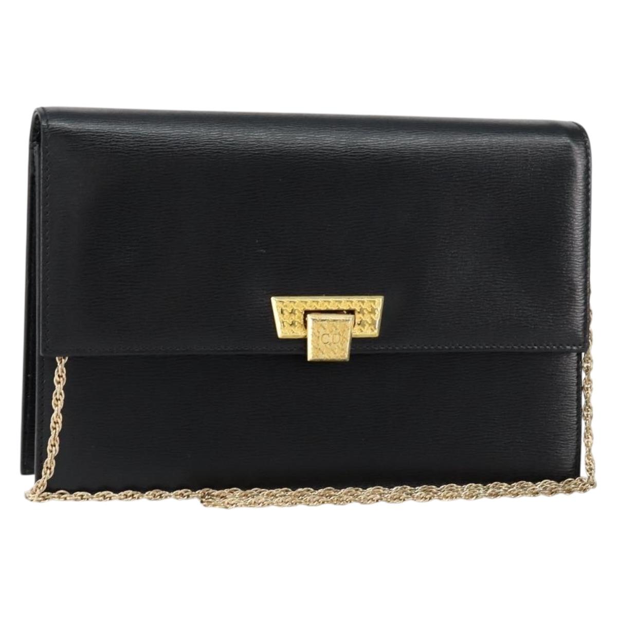 Christian Dior Chain Shoulder Bag Leather Black Gold Auth BA8202