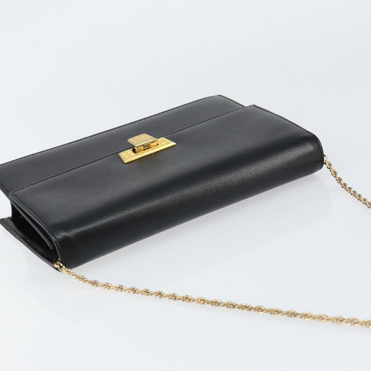 Christian Dior Chain Shoulder Bag Leather Black Gold Auth BA8202