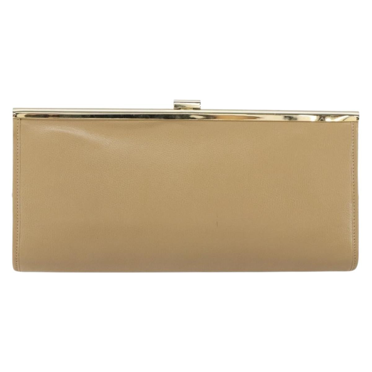 Christian Dior Clutch Bag Leather Beige Gold Auth BA8203