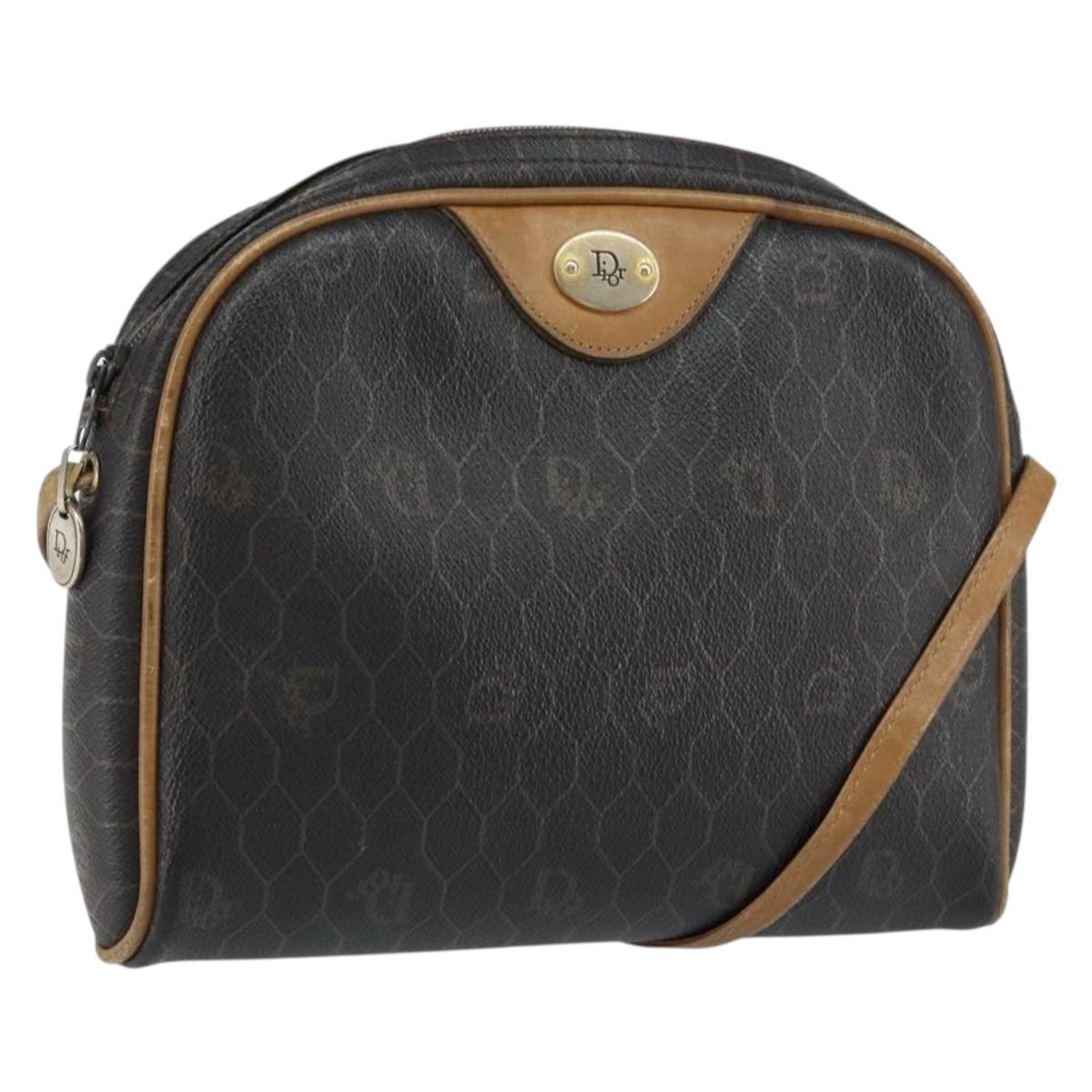 Christian Dior Honeycomb Canvas Shoulder Bag PVC Black Gold Auth BA8204