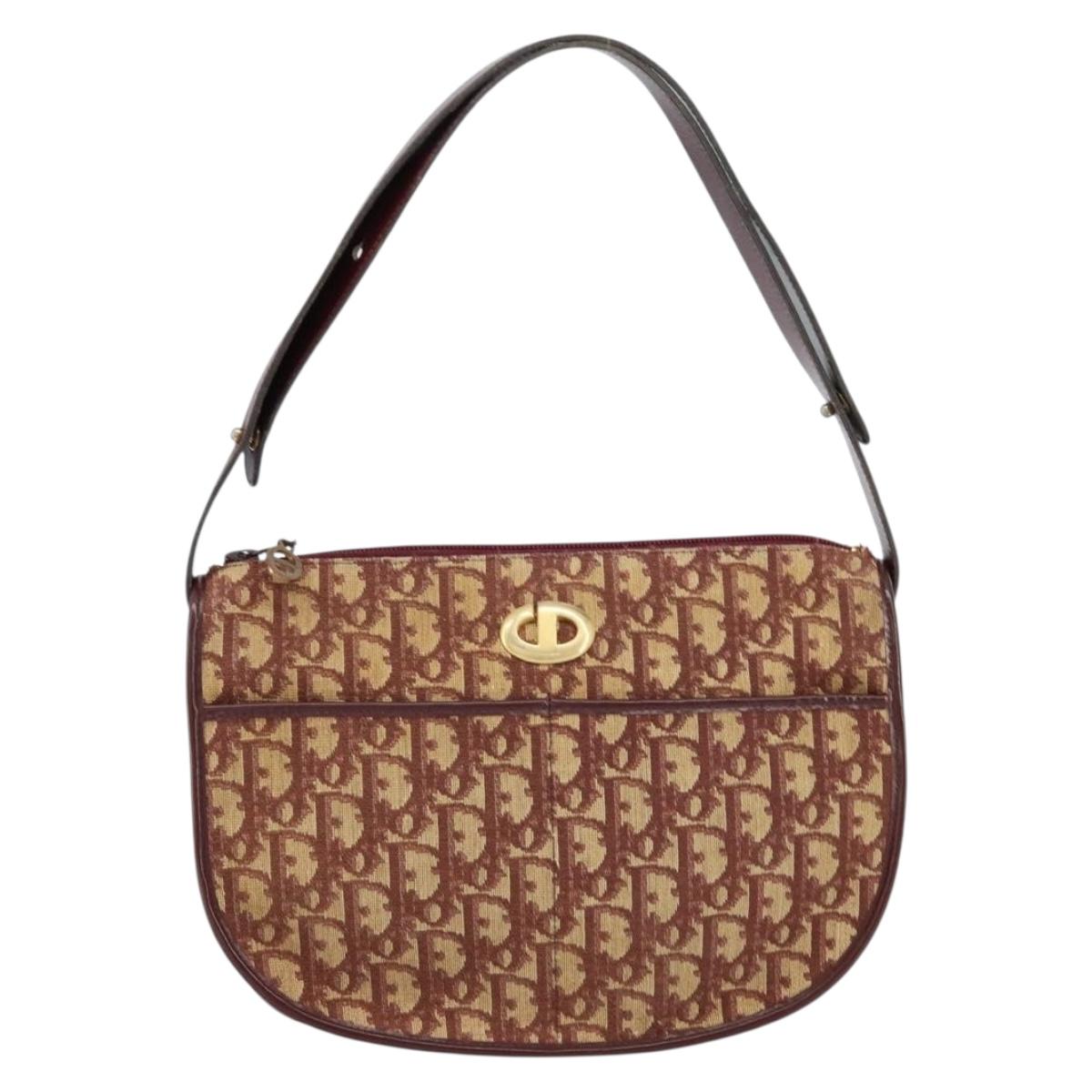 Christian Dior Trotter Canvas Shoulder Bag Beige Gold Auth BA8208