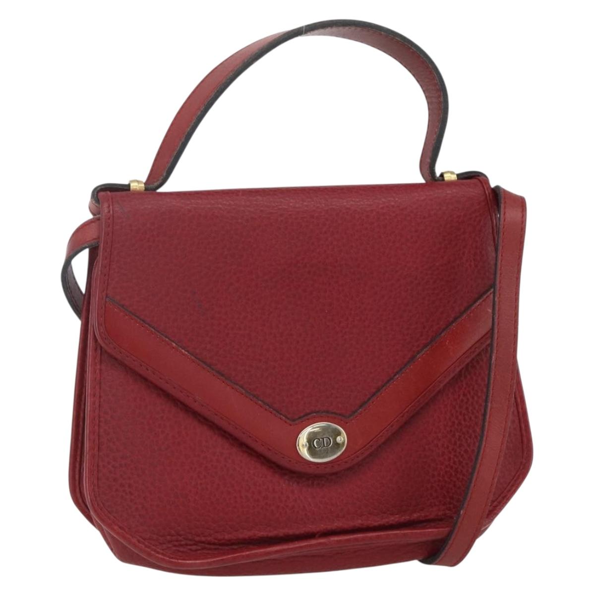 Christian Dior Hand Bag Leather 2way Red Gold Auth BA8209