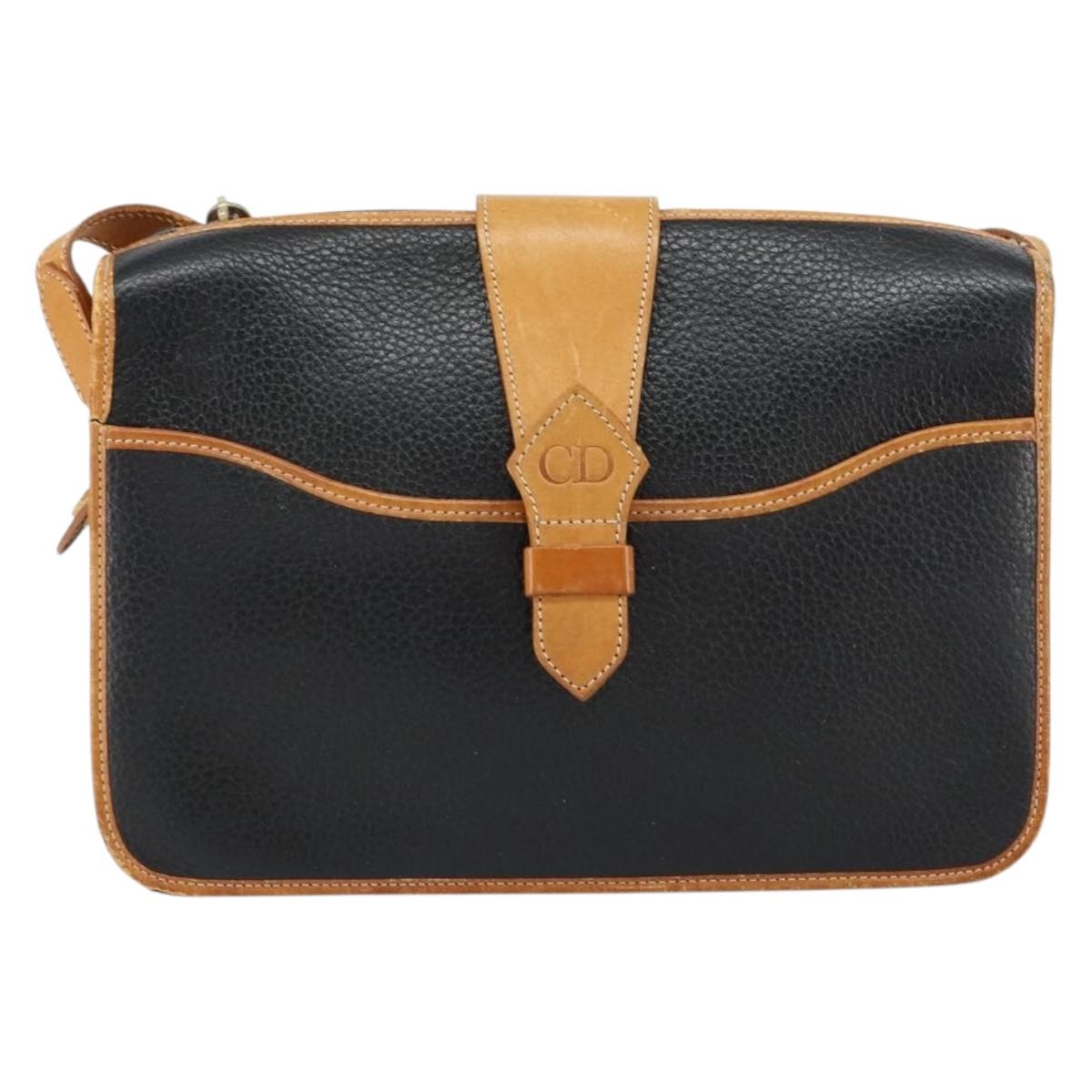 Christian Dior Shoulder Bag Leather Black Gold Auth BA8210