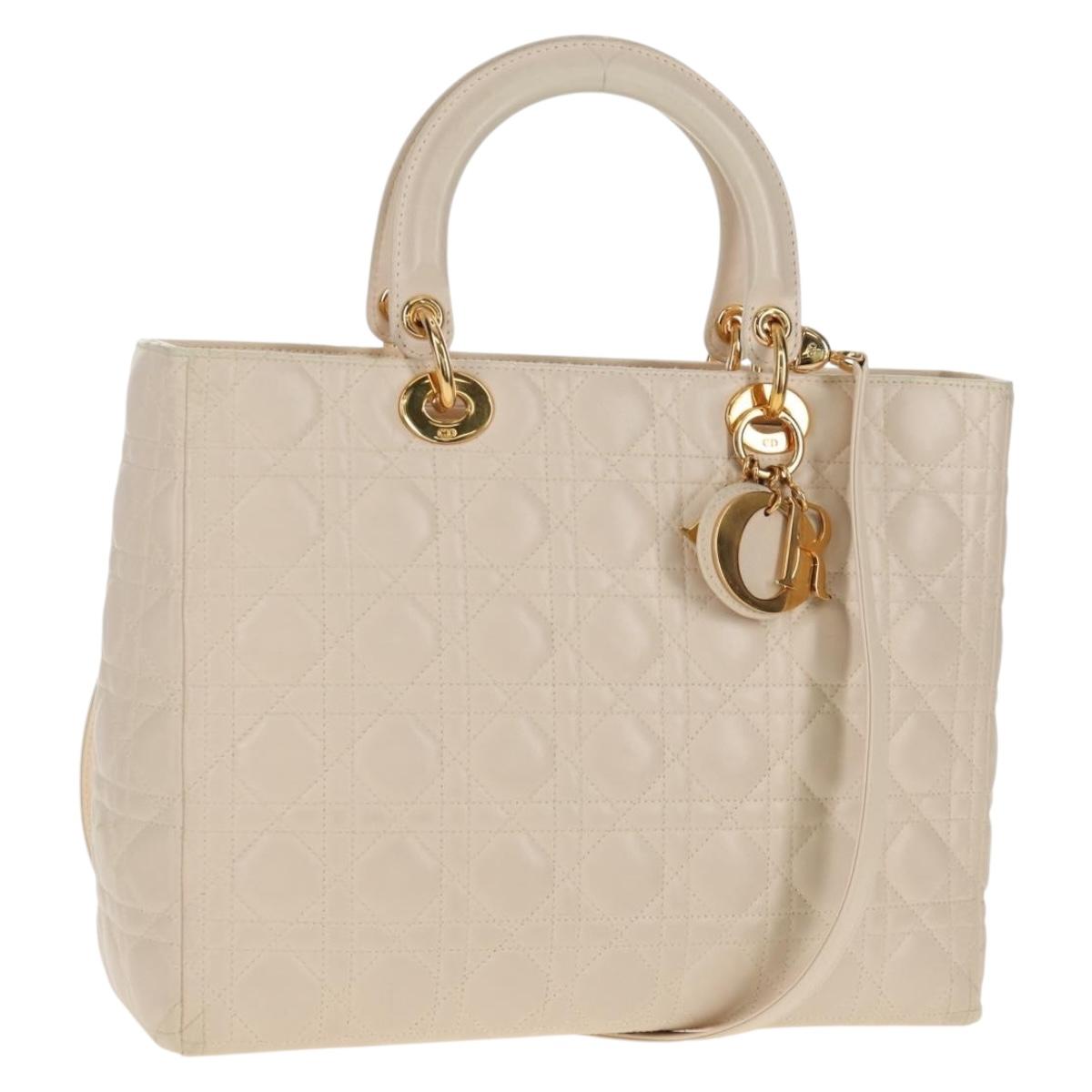 Christian Dior Canage Hand Bag Leather 2way White Gold Auth BA8211V