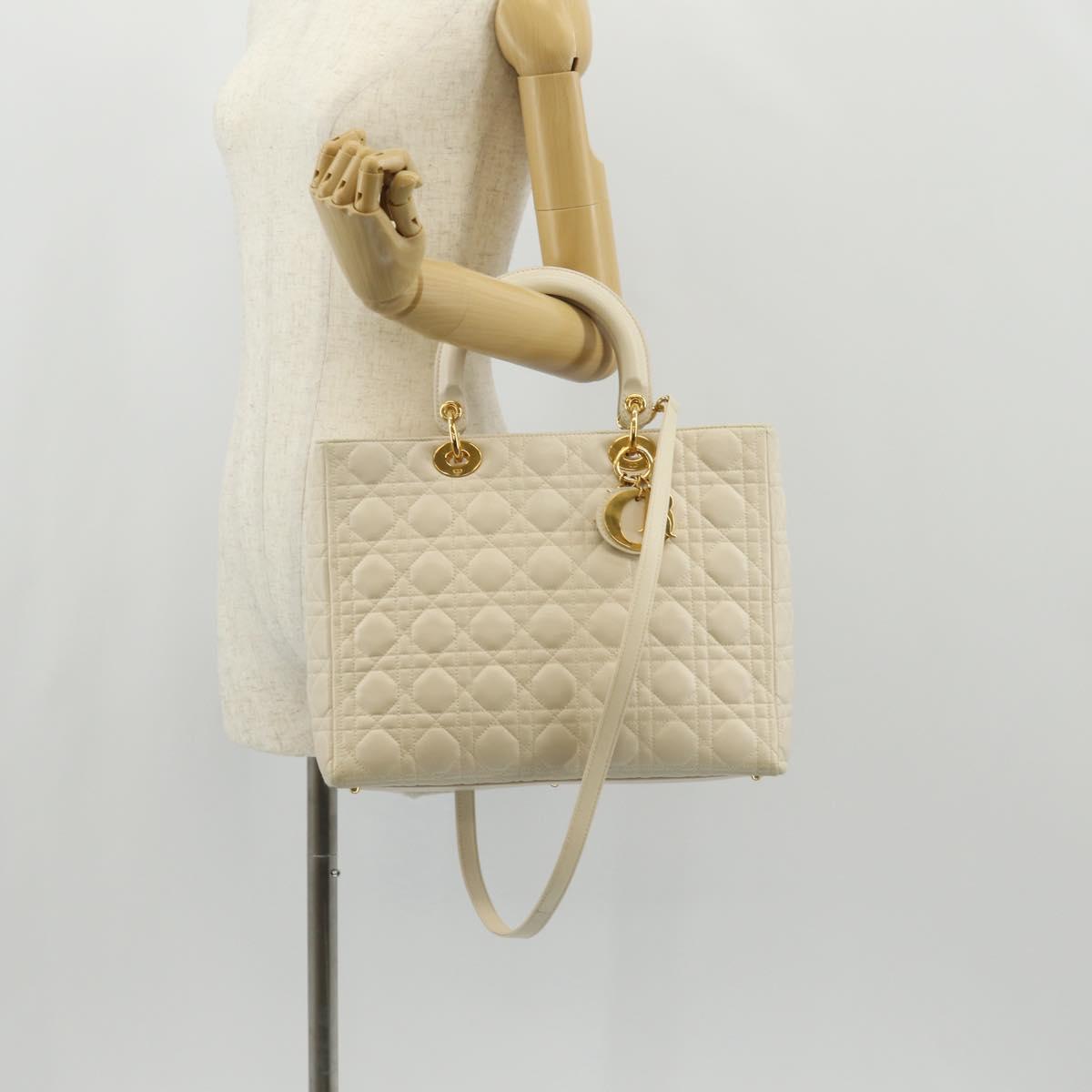 Christian Dior Canage Hand Bag Leather 2way White Gold Auth BA8211V