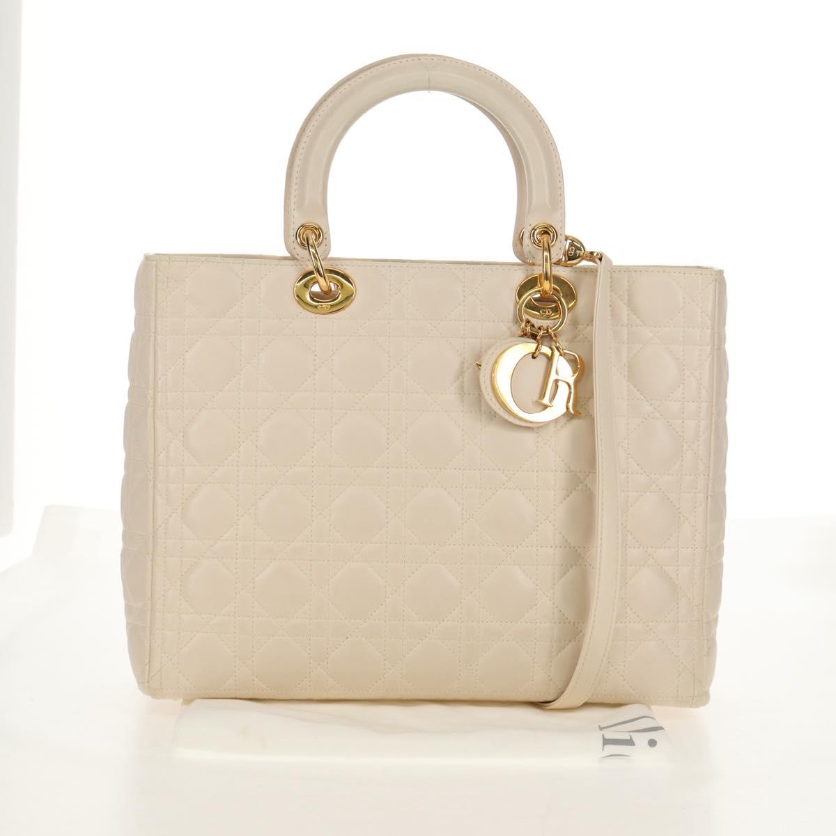 Christian Dior Canage Hand Bag Leather 2way White Gold Auth BA8211V