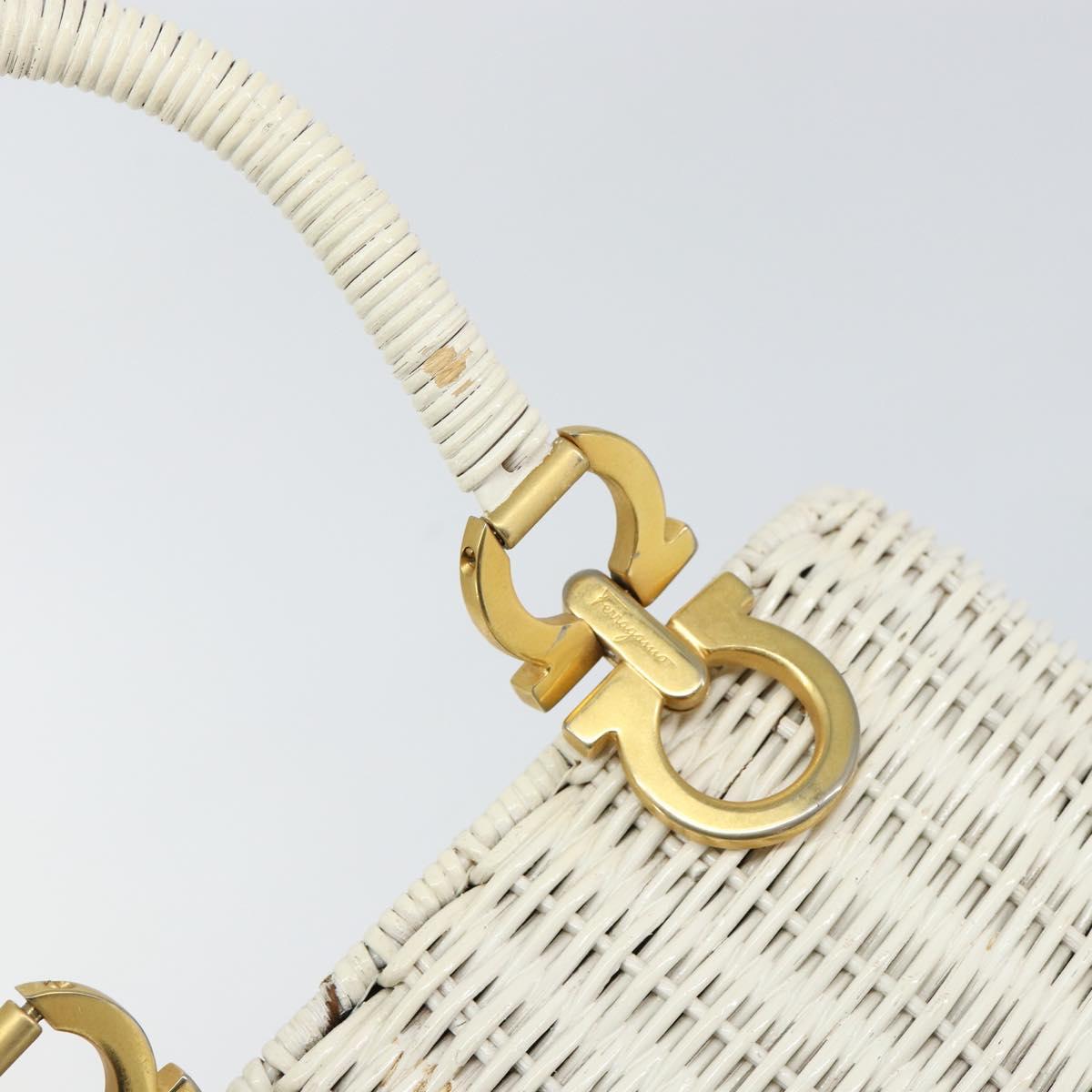 Salvatore Ferragamo Gancini Hand Bag Rattan White Gold Auth BA8212