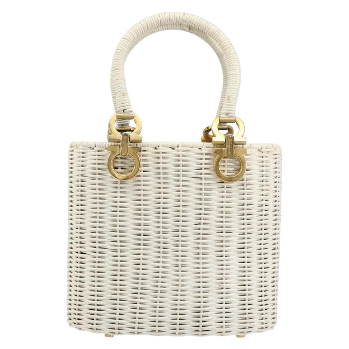 Salvatore Ferragamo Gancini Hand Bag Rattan White Gold Auth BA8212