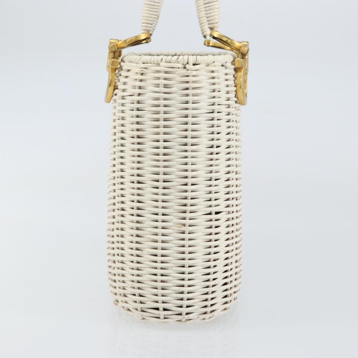 Salvatore Ferragamo Gancini Hand Bag Rattan White Gold Auth BA8212