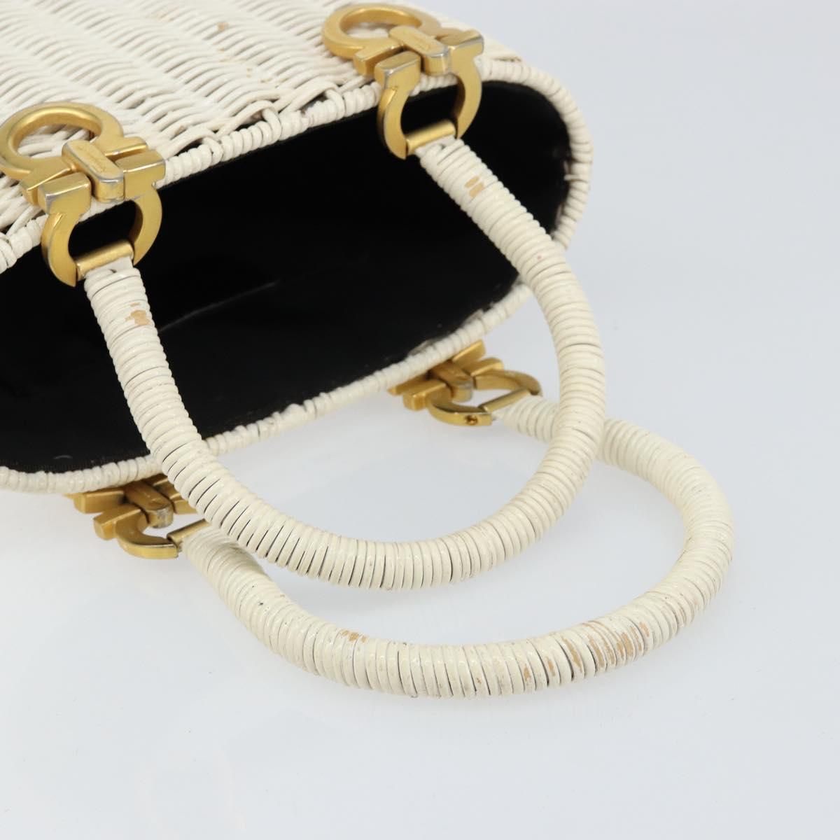 Salvatore Ferragamo Gancini Hand Bag Rattan White Gold Auth BA8212