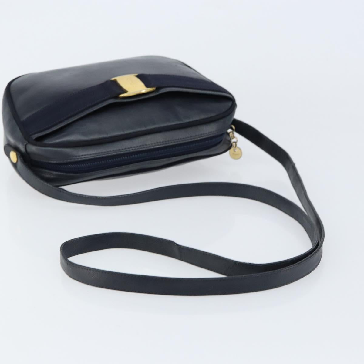 Salvatore Ferragamo Vala Shoulder Bag Leather Navy Gold Auth BA8220