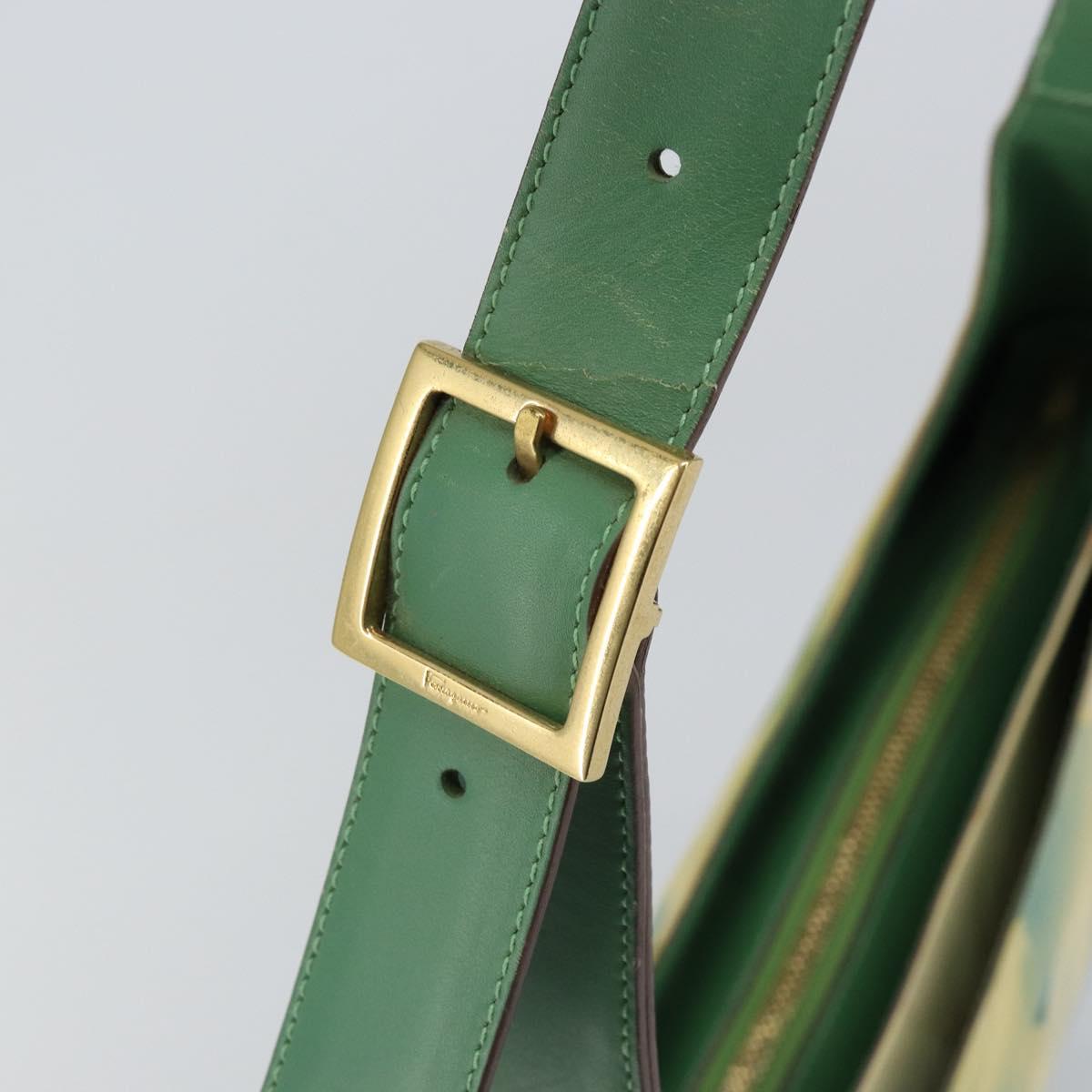 Salvatore Ferragamo Gancini Shoulder Bag Leather Canvas Green Gold Auth BA8221