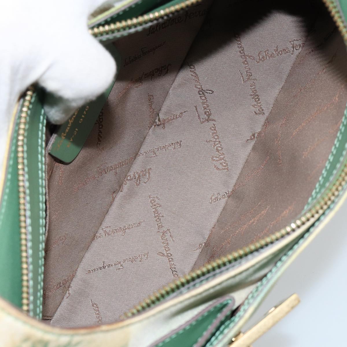 Salvatore Ferragamo Gancini Shoulder Bag Leather Canvas Green Gold Auth BA8221