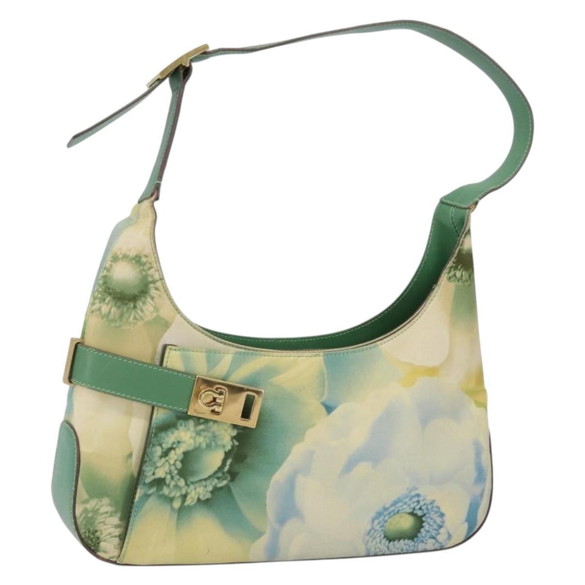 Salvatore Ferragamo Gancini Shoulder Bag Leather Canvas Green Gold Auth BA8221