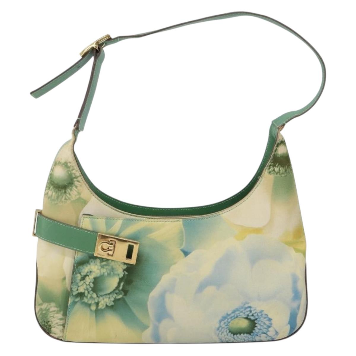 Salvatore Ferragamo Gancini Shoulder Bag Leather Canvas Green Gold Auth BA8221