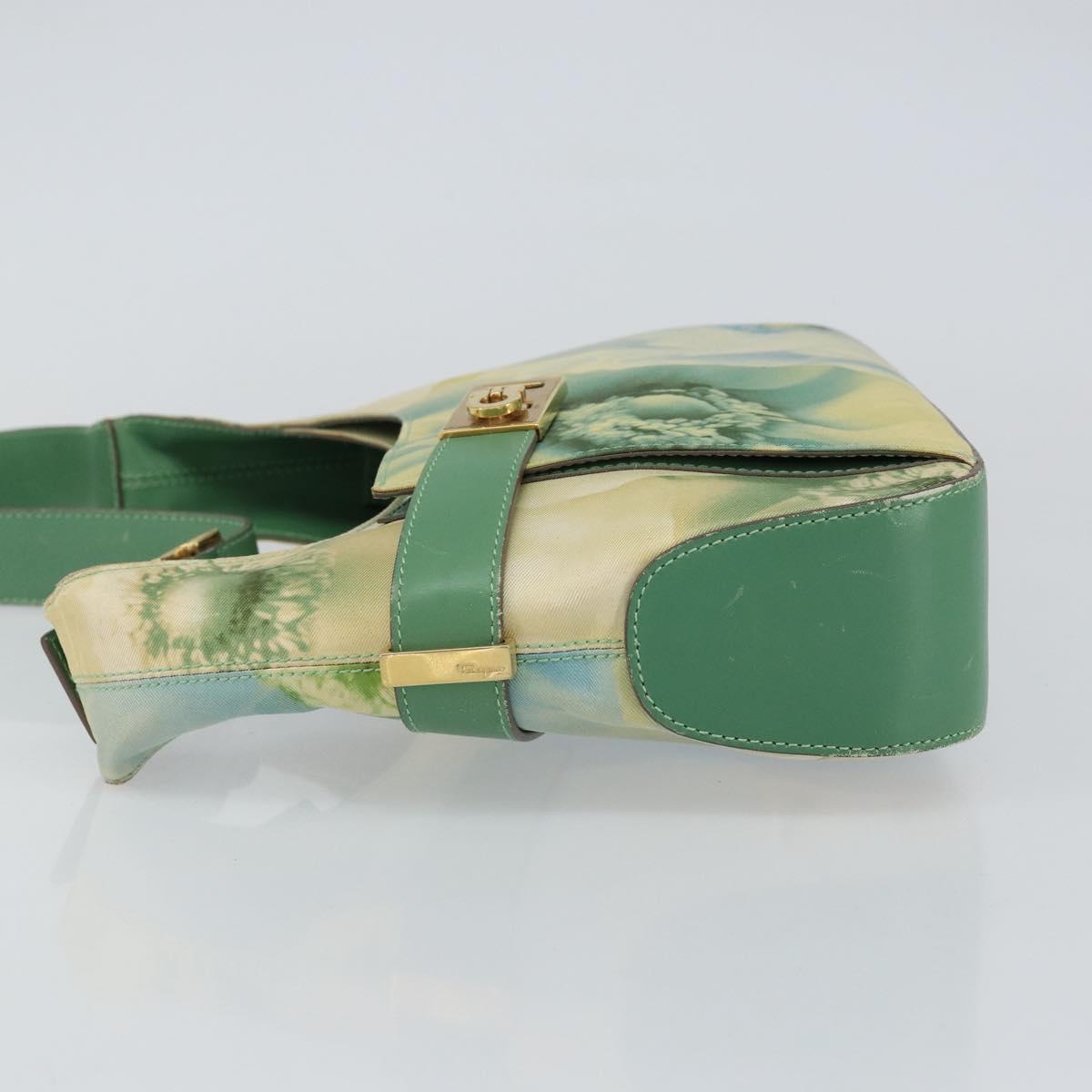 Salvatore Ferragamo Gancini Shoulder Bag Leather Canvas Green Gold Auth BA8221