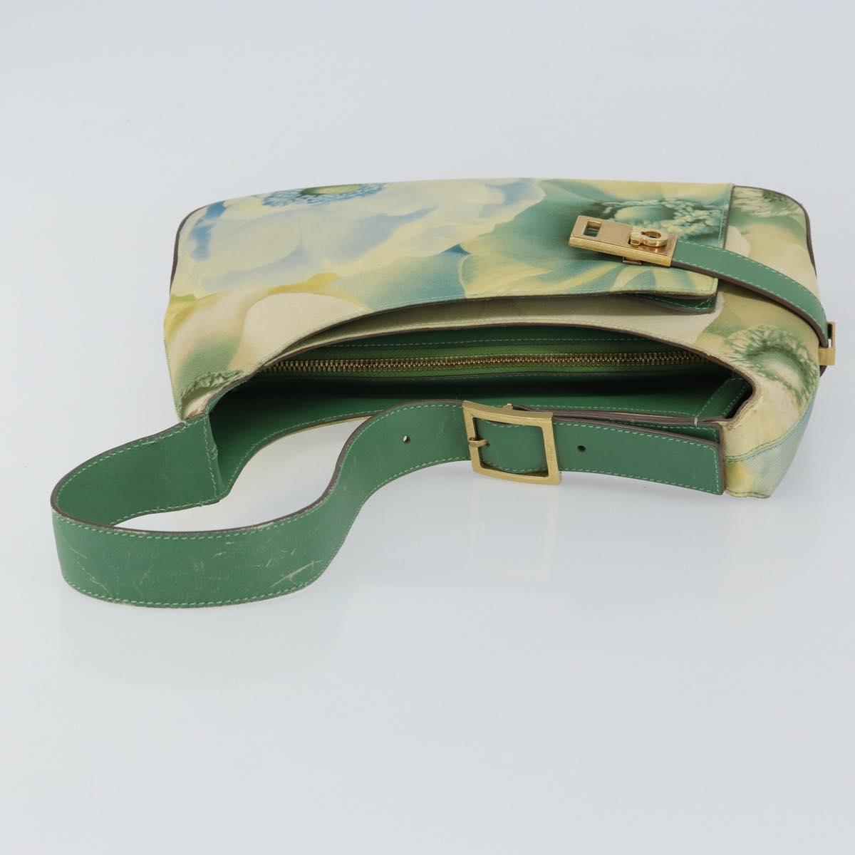 Salvatore Ferragamo Gancini Shoulder Bag Leather Canvas Green Gold Auth BA8221